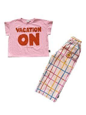 Little Man Happy Organic Vacation On + Matching Grid Wide Leg Pants Size 7-9y